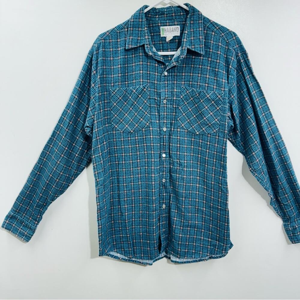 Haband Flannel Shirt‎ Pearl Snap Blue Plaid Long Sleeve Vintage Weatern Size M